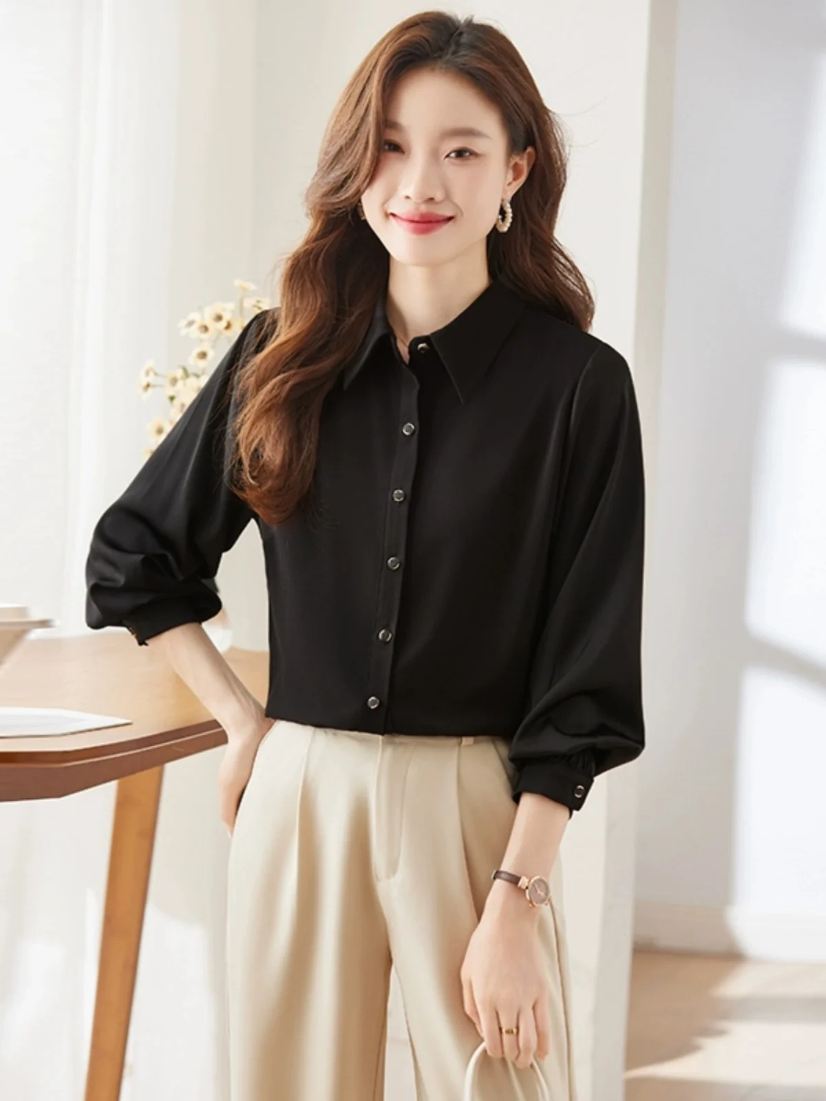 Elegant Pure Color White Shirt Women's Commute Fashion Simple Design Sensation Shirt Ladylike Straight Tube Long Sleeve  ...