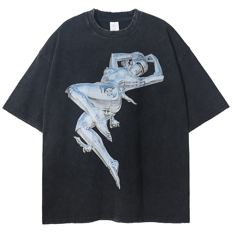

Summer Mens Washed Tshirts Hip Hop Suspending AI Robot Graphic T-Shirt 2024 Streetwear Harajuku Vintage Casual Cotton Tops Tees