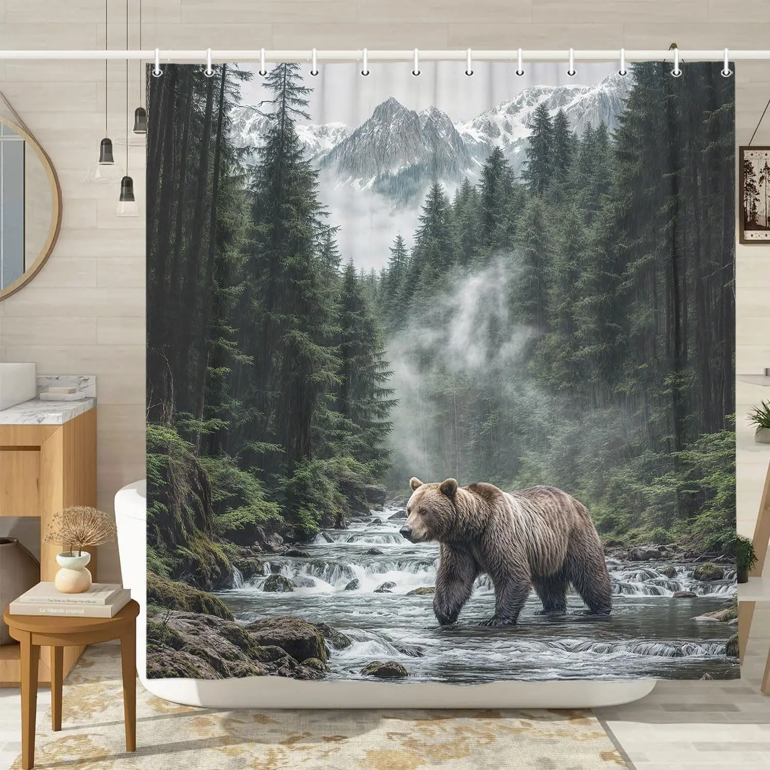Creek Shower Curtain with Bear, Rustic Nature Landscape Woodland Wildlife Bath Curtain Country Forest Natural Scenery Outdoors