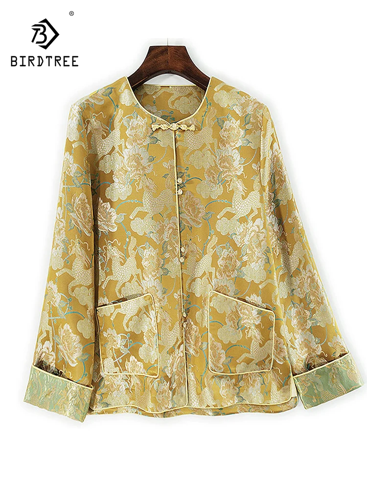 

Элегантное шелковое пальто BirdTree-Song из парчи, жаккардовый карман с круглым вырезом, женский повседневный свободный кардиган в стиле ретро, осень 2023, C5N101CC