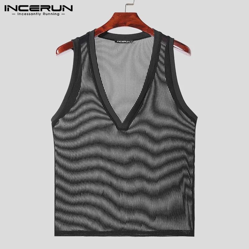 INCERUN Men Tank Tops Striped Hollow Out Transparent V Neck Sleeveless Male Vests Summer Streetwear 2026 Fashion Men Clothing