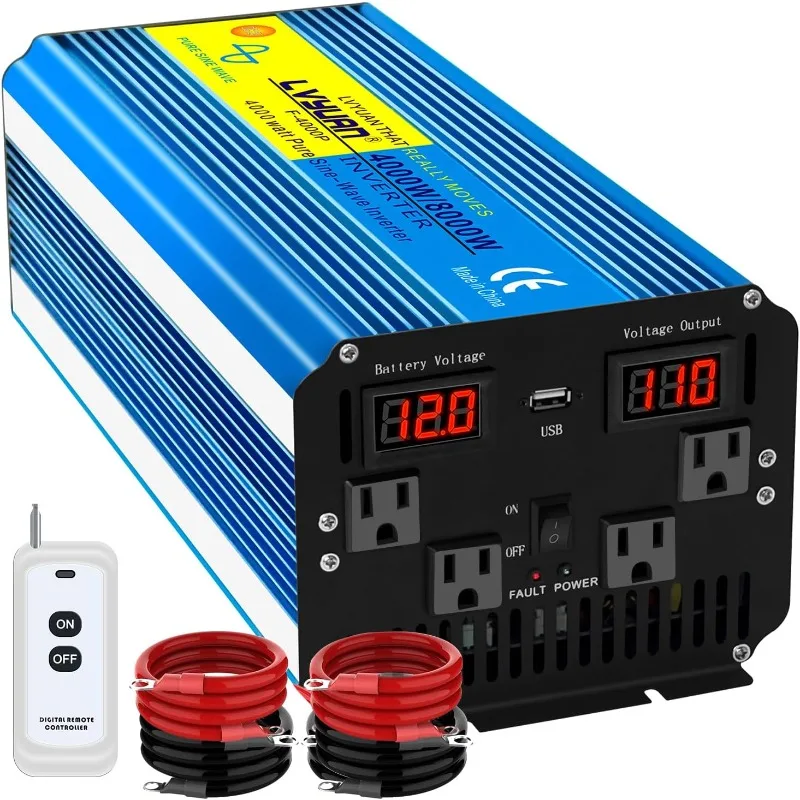 Yinleader 4000W Pure Sine Wave Power Inverter 12V DC to AC 110V-120V Converter for Family Vehicle RV Truck Solar System/Road