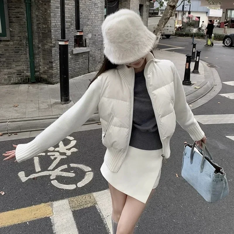 GkyocQ Korean Fashion Women White Duck Down Coats Knitted Long Sleeve Spliced Stand Collar Zipper Design Short Parkas Warm Coats