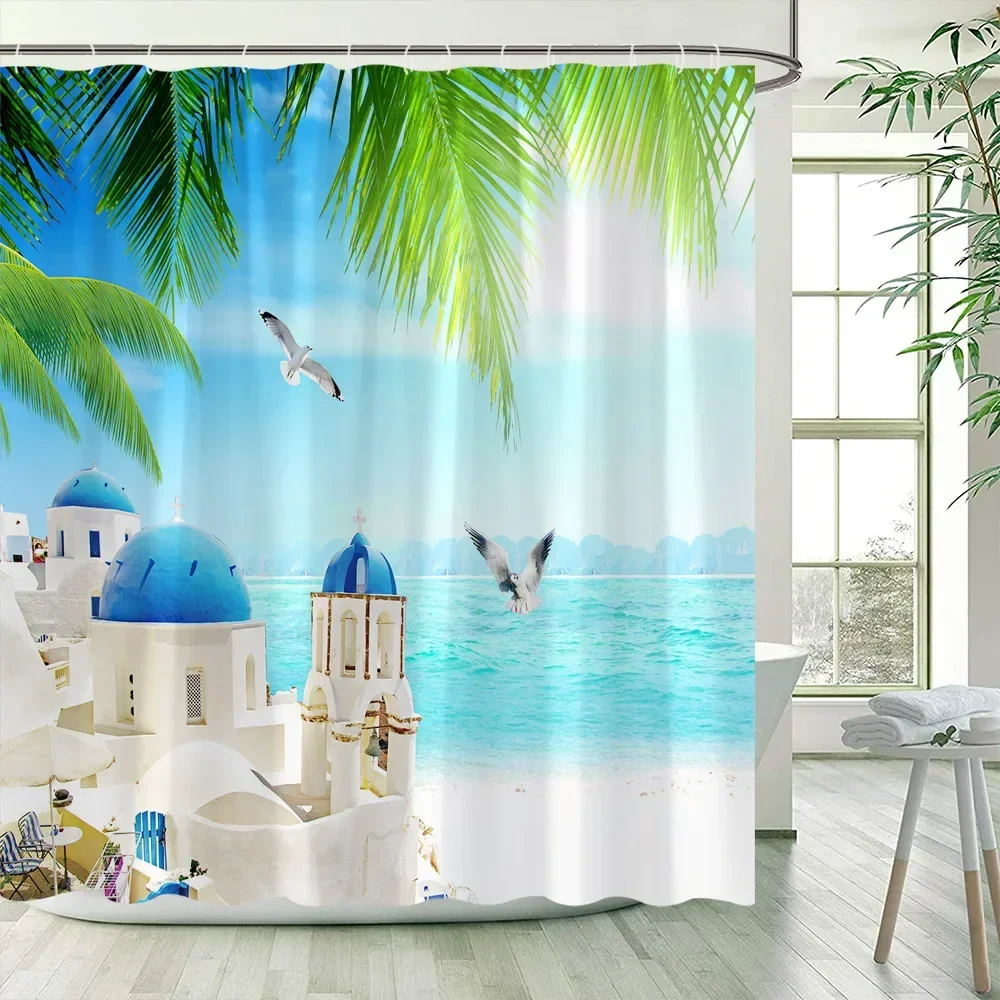 Seaside Ocean Shower Curtains Palm Leaves Birds Mediterranean Beach Landscape Bathroom Curtain Polyester Home Decor with Hooks