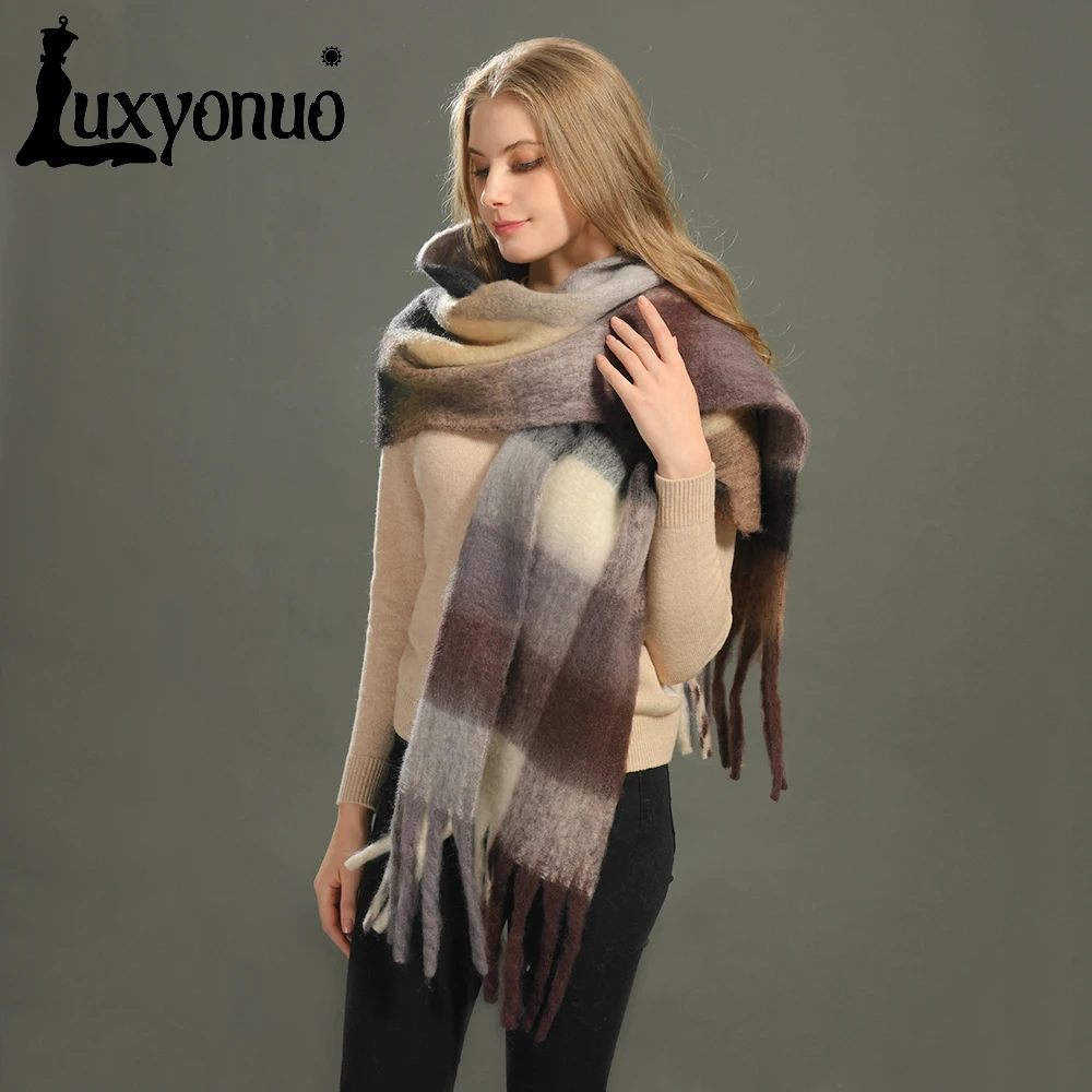 

Luxyonuo Winter Scarf for Women Keep Warm Lady Fashion Plaid Pashmina Shawls Girl Cashmere Thick Soft Tassel Scarves New Arrival