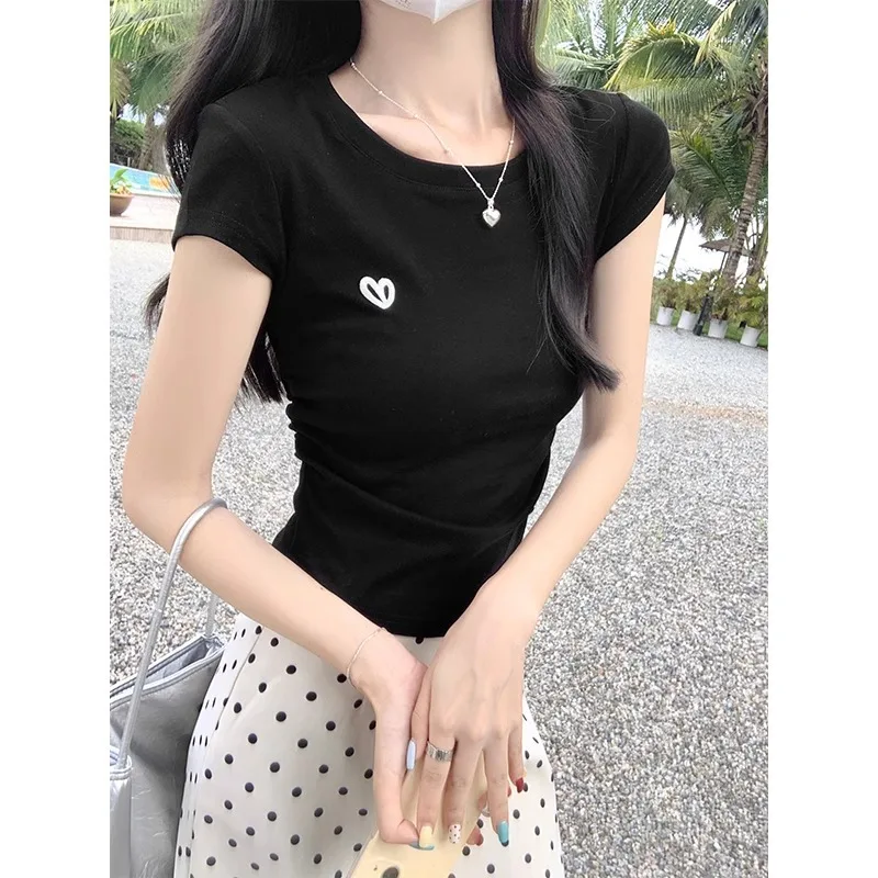 T-Shirt d'été à manches courtes, couleur unie, col rond, Anti-âge, épaules, taille plissée, broderie, coupe cintrée