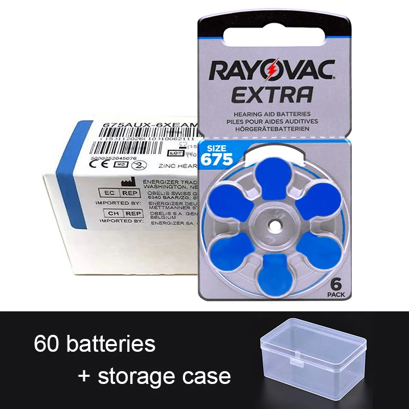 Rayovac-baterías adicionales para audífonos, pilas de aire de Zinc de 60 piezas, 675 V, para audífonos BTE potentes, A675, P675, PR44