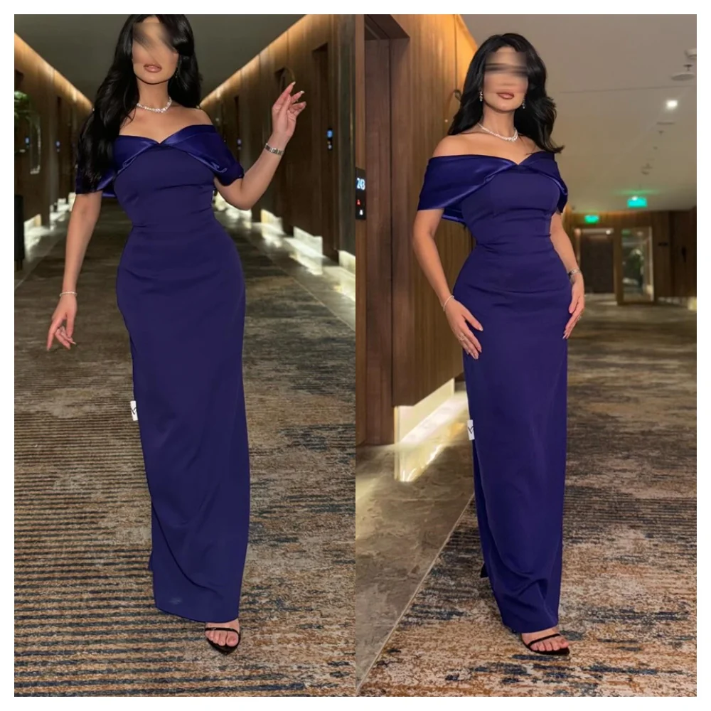 

Customized Formal Purple Satin Evening Dress Delicate Boat Neck Off the Shoulder Sleeveless Party Dress Modern Celebri