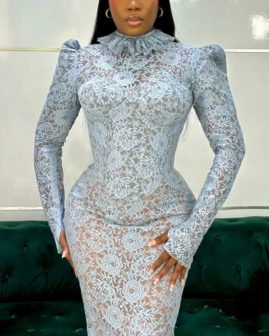 Nigeryjskie niebieskie koronkowe suknie wieczorowe na szyję z długim rękawem Afrykańska suknia ślubna Aso Ebi Style Birthday Dress Custom Made