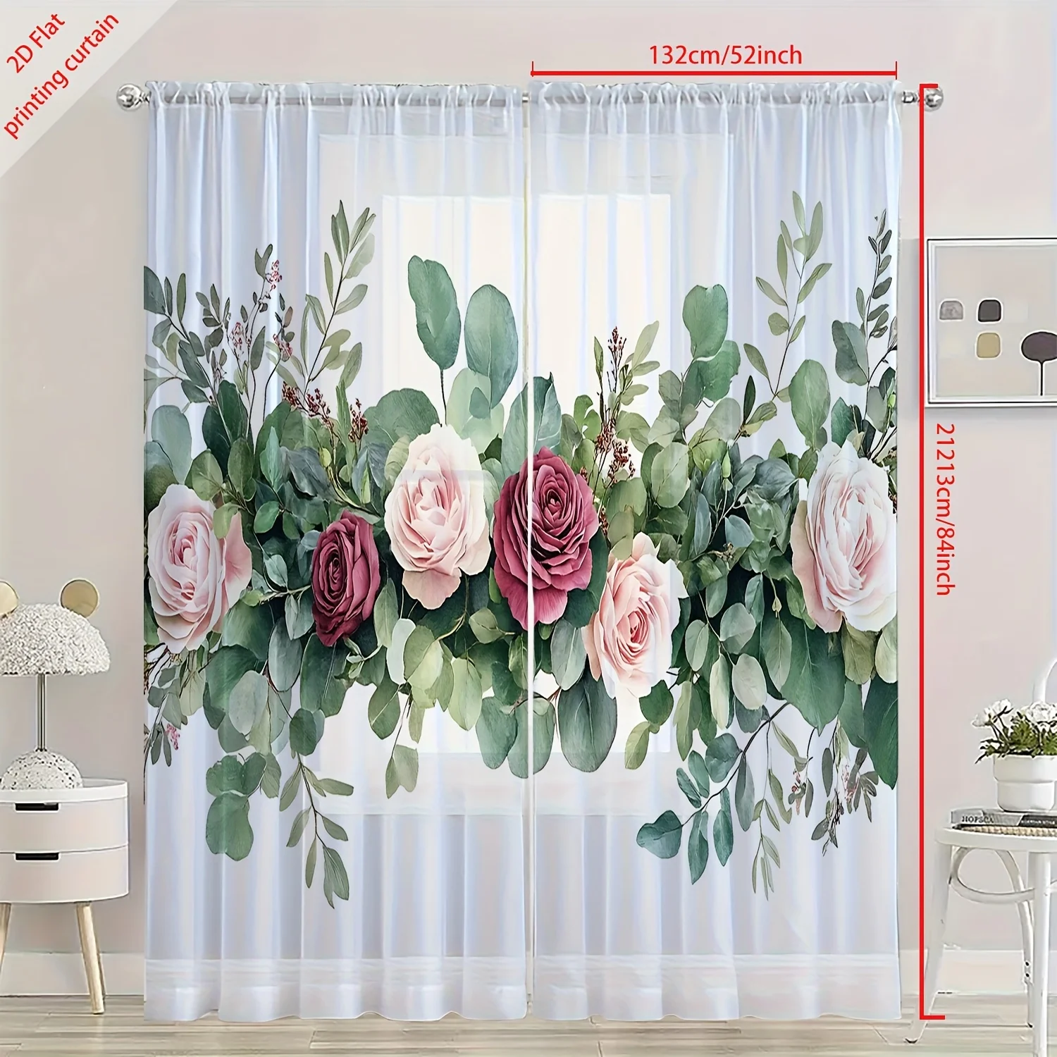 2PCS Sheer Curtains, Pink and Green, Floral Garland with Roses and Eucalyptus Pattern, Suitable for Bedroom and Living Room