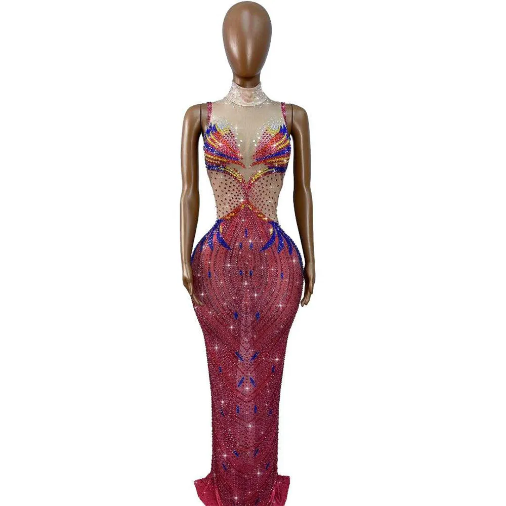 Luxurious Evening Twinkling Rhinestones Mesh Sexy Dress Party Prom Exquisite Gown Show Red Carpet Photo Shoot Stage Outfit