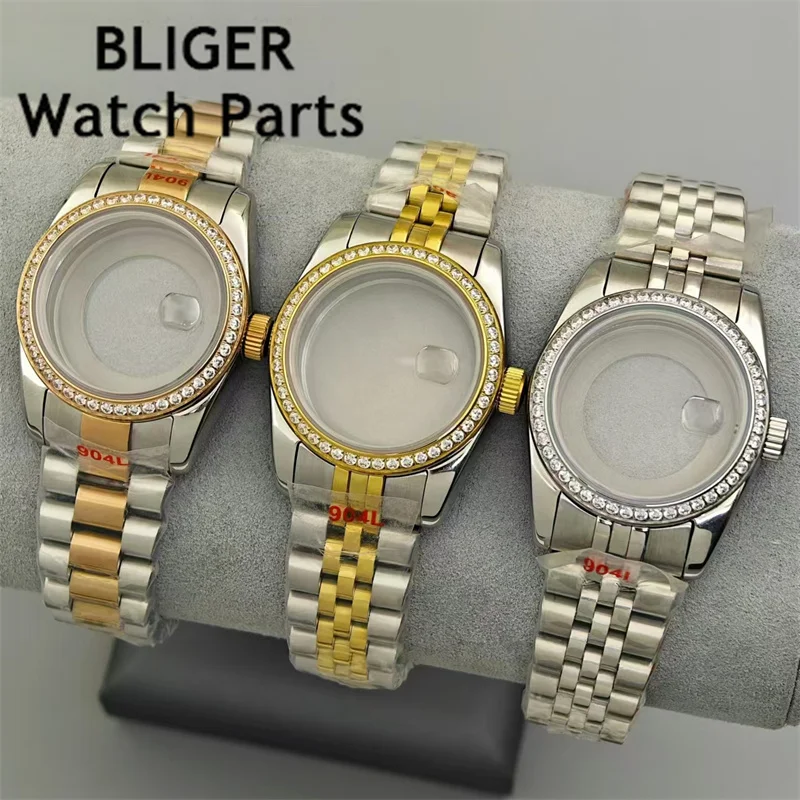 

BLIGER 31mm Luxury Diamond Bezel Women Watch Case Two Tone Gold Rose Gold Sapphire Glass Steel Strap Fit NH05 NH06 Movement