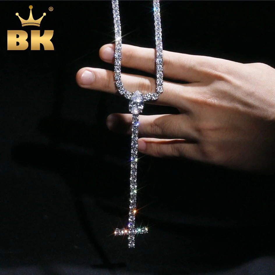 TBTK Iced Out Tennis Chain Necklace Pear Cut Cubic Zirconia Lariat Y Necklace Upside Down Cross Pendant Bling HipHop Jewelry