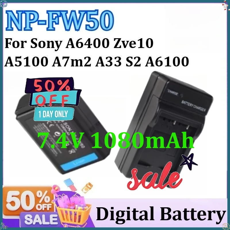

For Sony A6400 Zve10 A5100 A7m2 A33 S2 A6100 Digital Batteries NP-FW50 7.4V 1080mAh Replacement Battery + Fast Dual Slot Charger