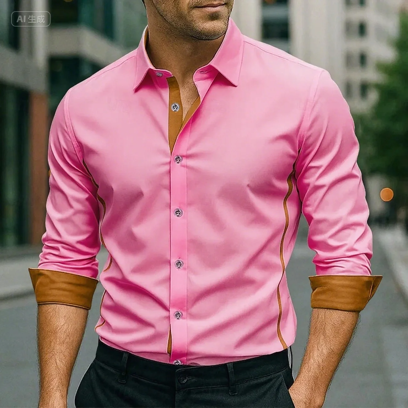 

Men's plus Size Long Sleeve Lapel Shirt Business Casual Solid Color Patchwork Print Street Fashion High-Quality Designer Top