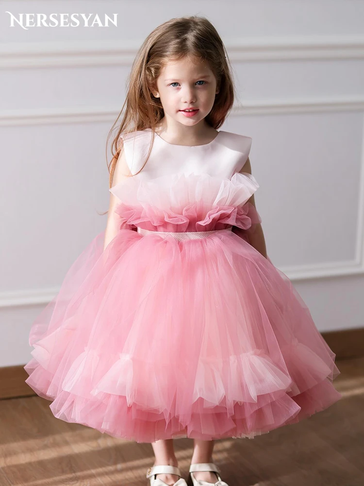 Nersesyan Pure Satin And Tulle Flower Girl Dresses For Wedding A-Line Tea Length Birthday Party Gowns Occasional Children Dress