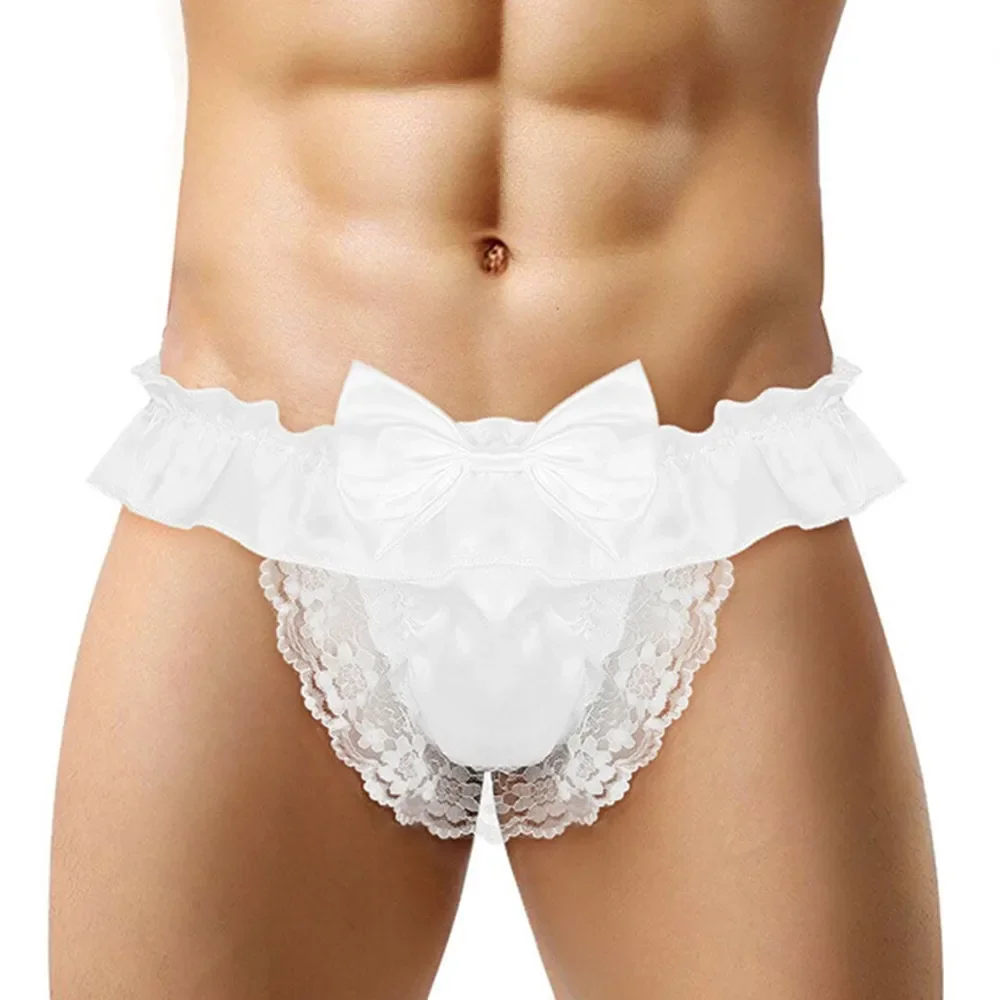 Men Sexy Hollow Out Exposed Buttocks Thong Briefs Satin Lace Border Panties Sissy Underwear Bowknot Seductive Underpants