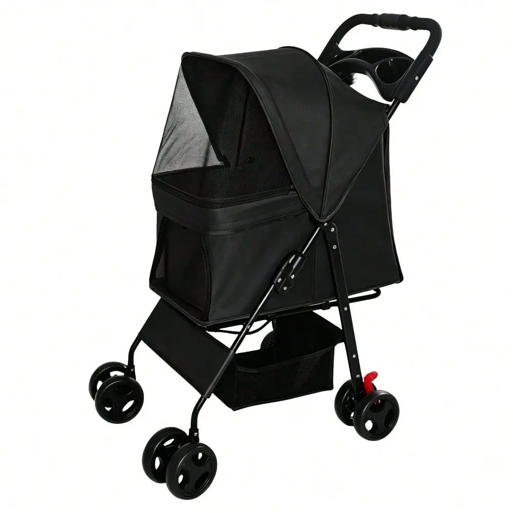 Pet Stroller For Small Dogs And Cats Under 28 Lbs With MultiFunctional Tray, 2 Safety Leashes, Storage Basket Breathable Mesh,