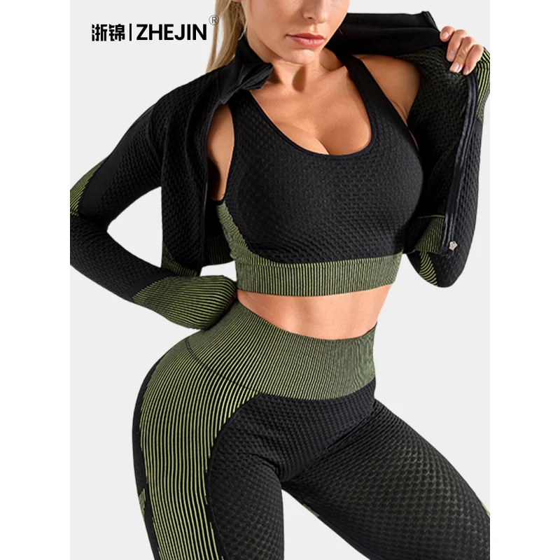 Women's 3-piece yoga set-fitness vest jacket high waist yoga pants quick-dry breathable slim fit workout suit