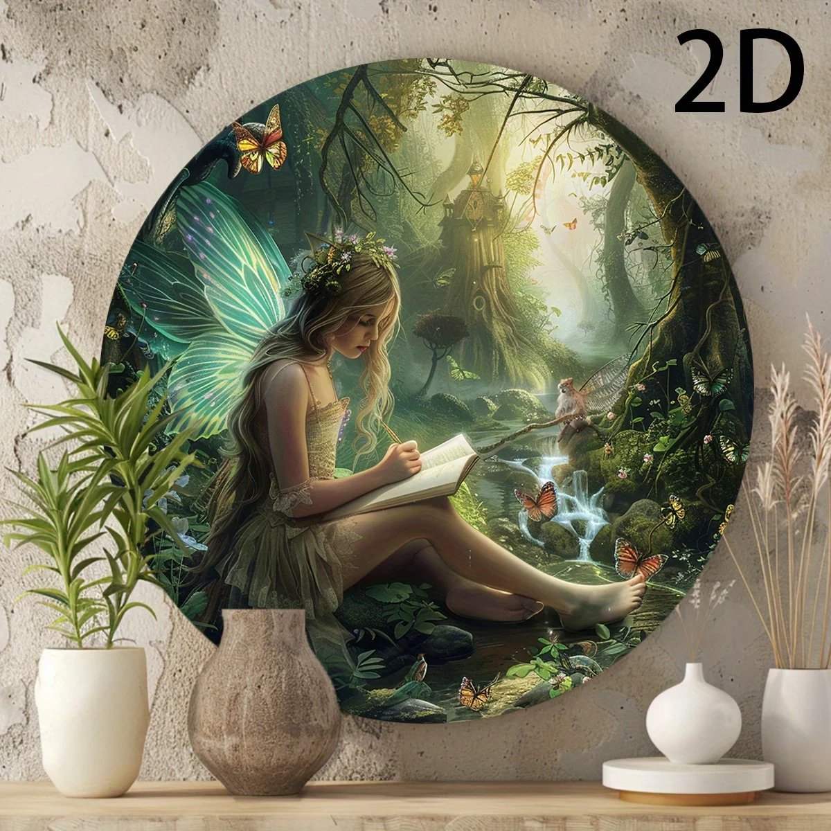 1 Stück Enchanted Elf Girl 8x8" Rundes Aluminium-Wandschild – Vintage-Waldszene mit Fee und Schmetterlingen, langlebige Metallblechkunst für