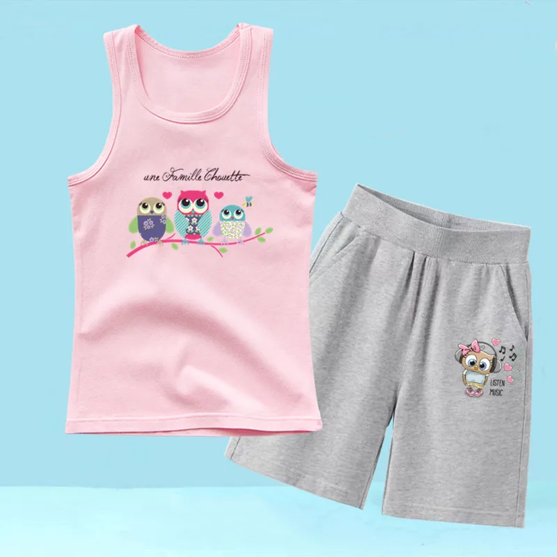 3-14T Girls Clothing Vest Suit Kids 2PCS Summer Cute Owl T-Shirts And Shorts Outfits Girls Sleeveless Beach Clothes Set