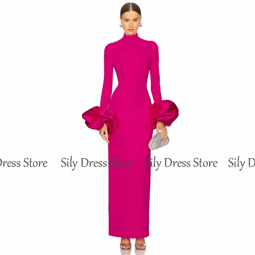 Fuchsia Formal Evening Dresses Sheath/Column Jersey Celebrity Dress High Collar Pleat Puff Sleeve Valentine\'s Day Dress Maxi