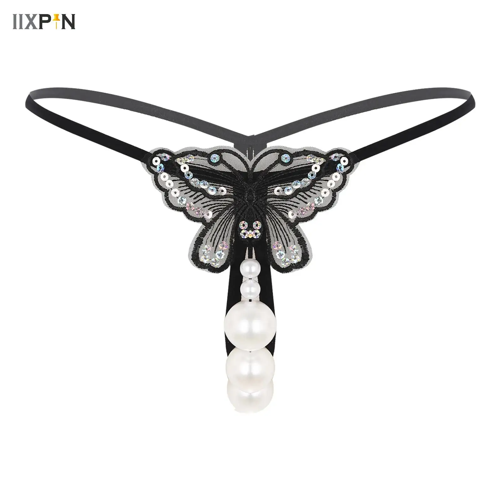 New Embroidery Flower Pearl Massage Thongs Panties Sexy Lingerie Sex G-String Women\'s Open Crotch Lace T-back Underwear