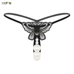 New Embroidery Flower Pearl Massage Thongs Panties Sexy Lingerie Sex G-String Women's Open Crotch Lace T-back Underwear