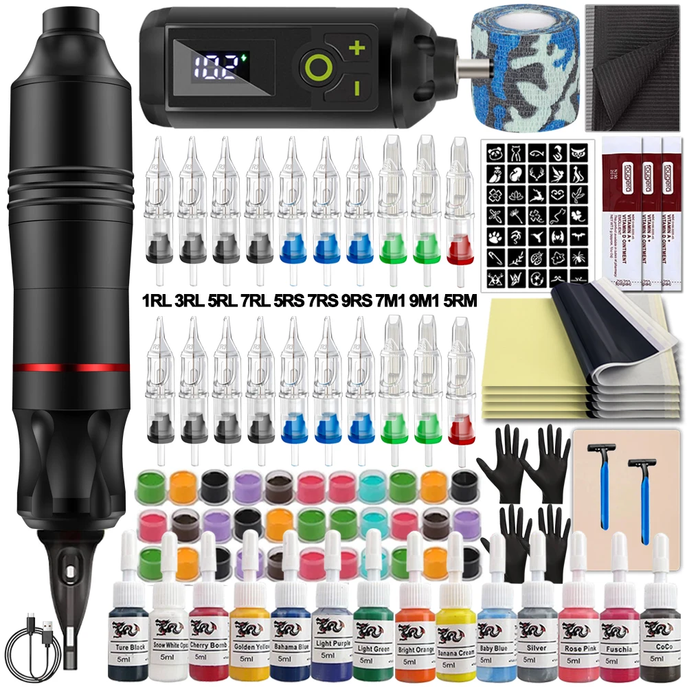 

Набор для татуировки: машинка для татуировок, беспроводной блок питания, картриджи, иглы, чернила для начинающих.