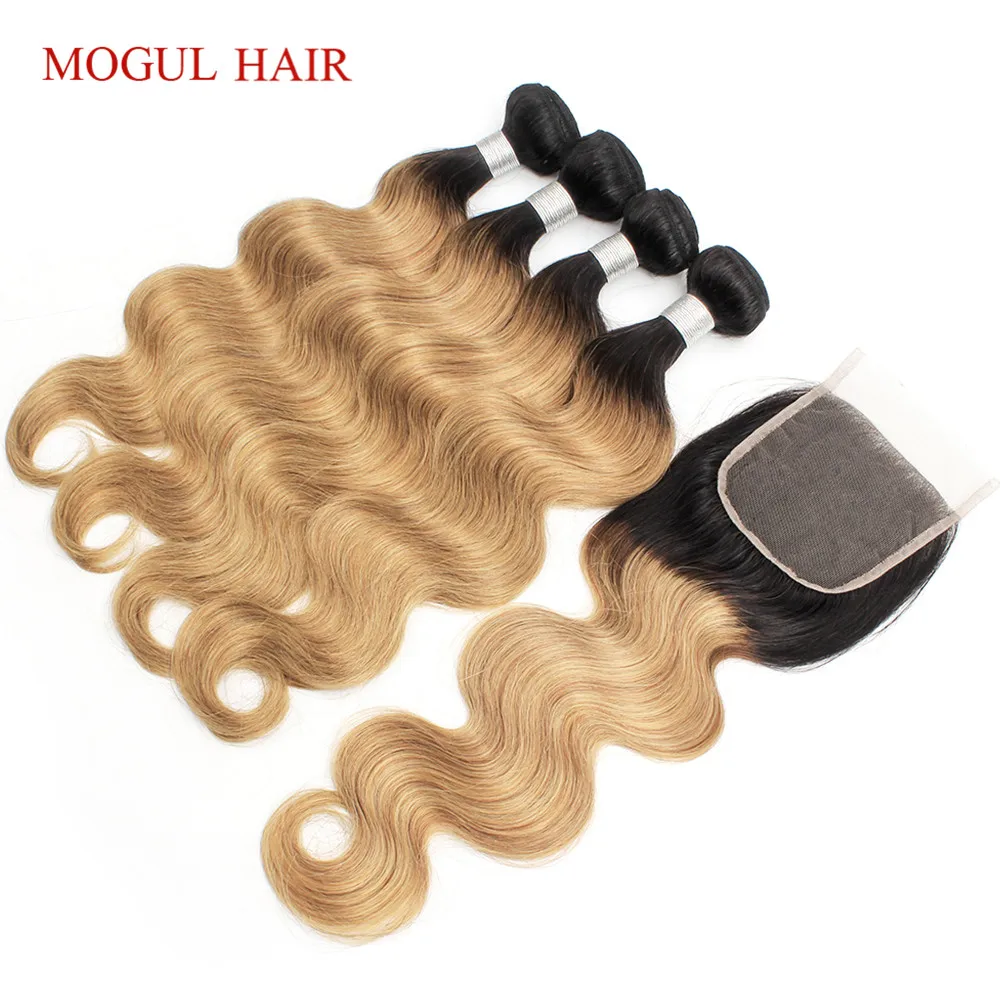 MOGULHAIR-Mèches Body Wave Brésiliennes Naturelles Remy, Blond Miel Ombré, avec Closure, 4x4, Dentelle Transparente 1B 27