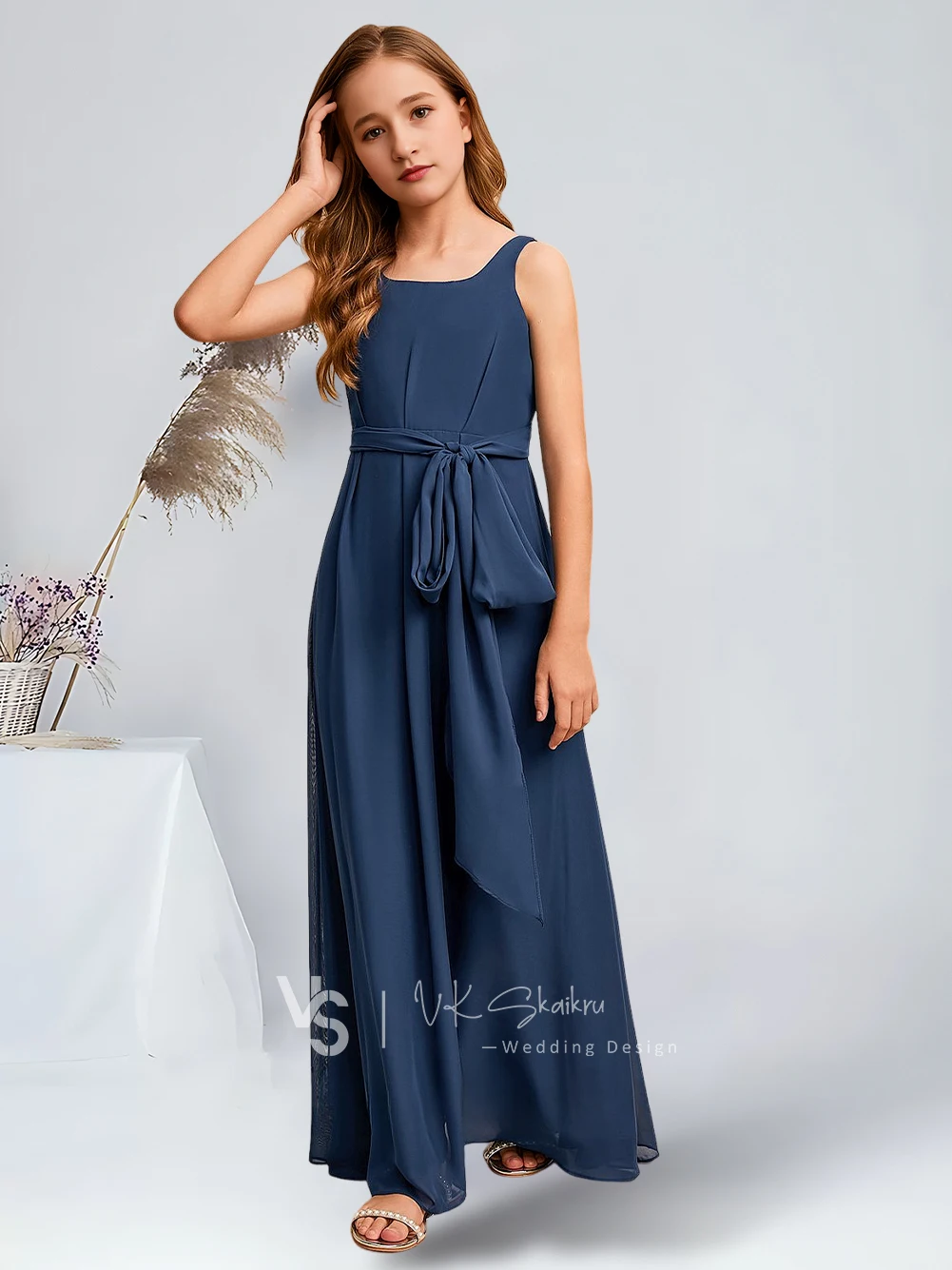 Elegante A-Lijn Vierkante Vloer-Lengte Chiffon Junior Bruidsmeisje Jurken Marineblauw Verrukkelijk Bloem Meisje Jurken Feest Bruiloft Kids