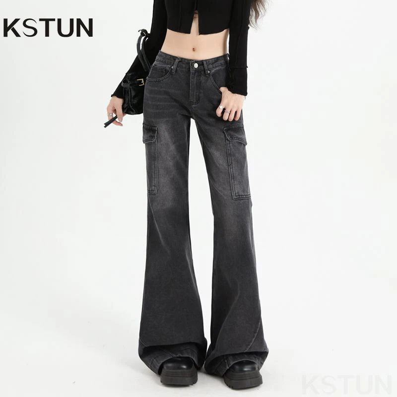 

KSTUN Trendy American Style Mid Waist Micro Flared Work Denim Jeans Women's New Pocket Slimming Casual Pants Bootcut Trousers