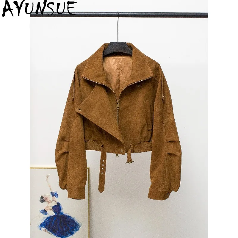 AYUNSUE Real Leather Jacket Woman Crossbred Goat Suede Motorcycle Jackets Fashion Short Coat Autumn Woman Clothes Кожаная Куртка