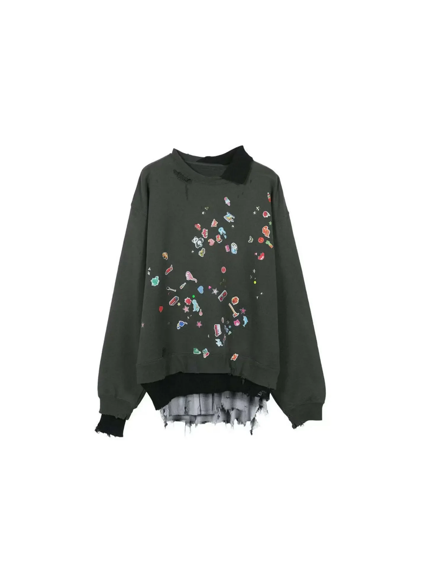 Cartoon printed fake two-piece splicing loose long-sleeved sweater