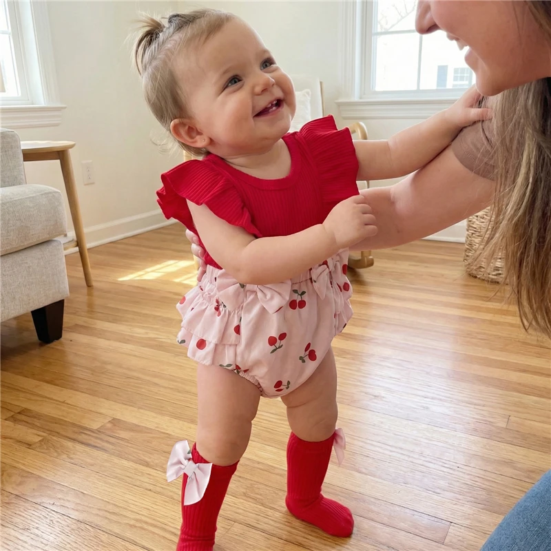 

Infant Baby Girls Rompers Cherry/Floral Print Crew Neck Ribbed Knit Fly Sleeve Infant Bodysuits Jumpsuits with Long Socks