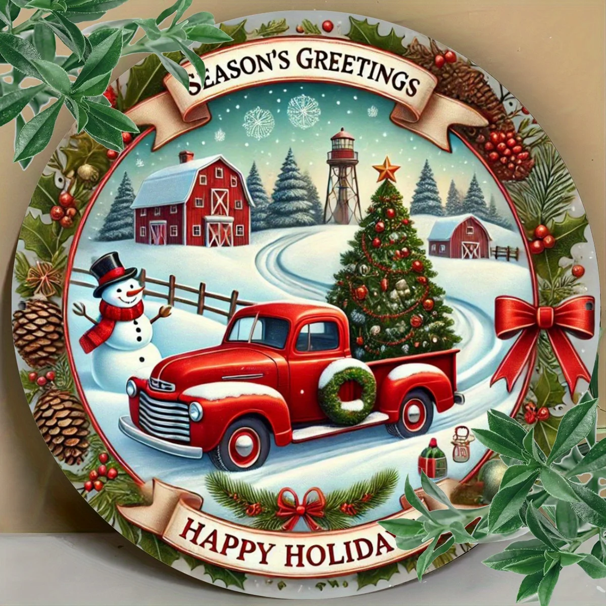 Vintage-Weihnachtskranz-Schild – 20,3 x 20,3 cm große runde Hängedekoration aus Eisen mit Schneemann und roter LKW-Kunst, perfekt für Haus und Garten im Innen- und Außenbereich