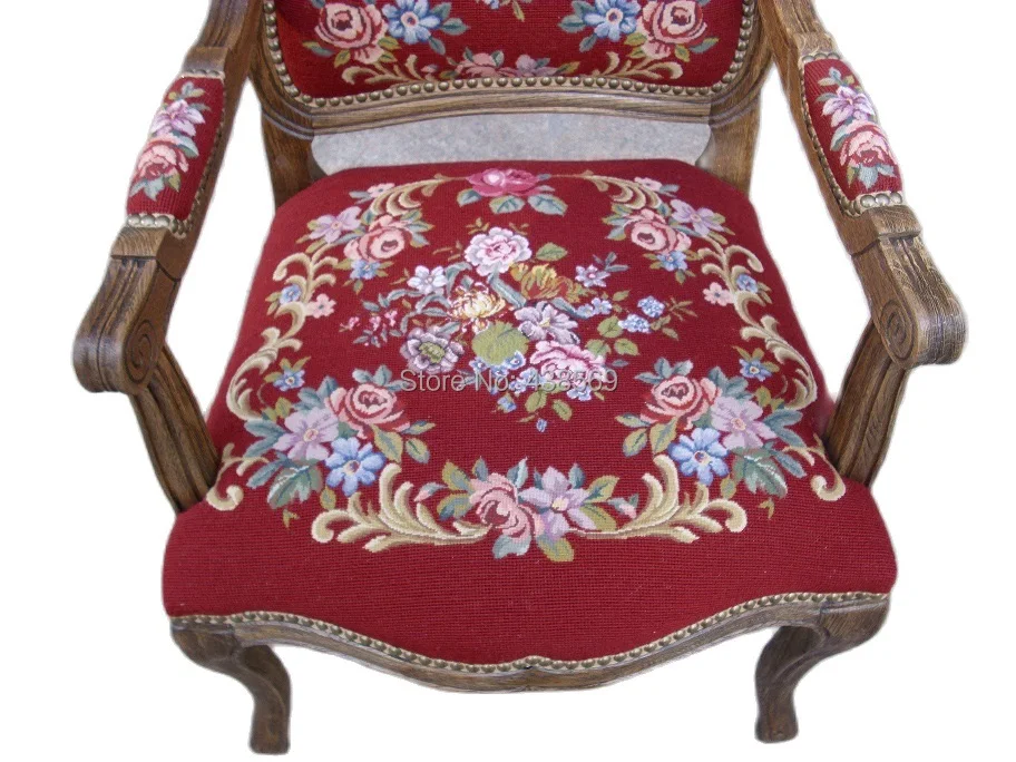 Free shipping  Antique Arm Chair Fauteuil Louis XV style Gobelin Tapestry Carved Wood Hobnails with needlepoint covers