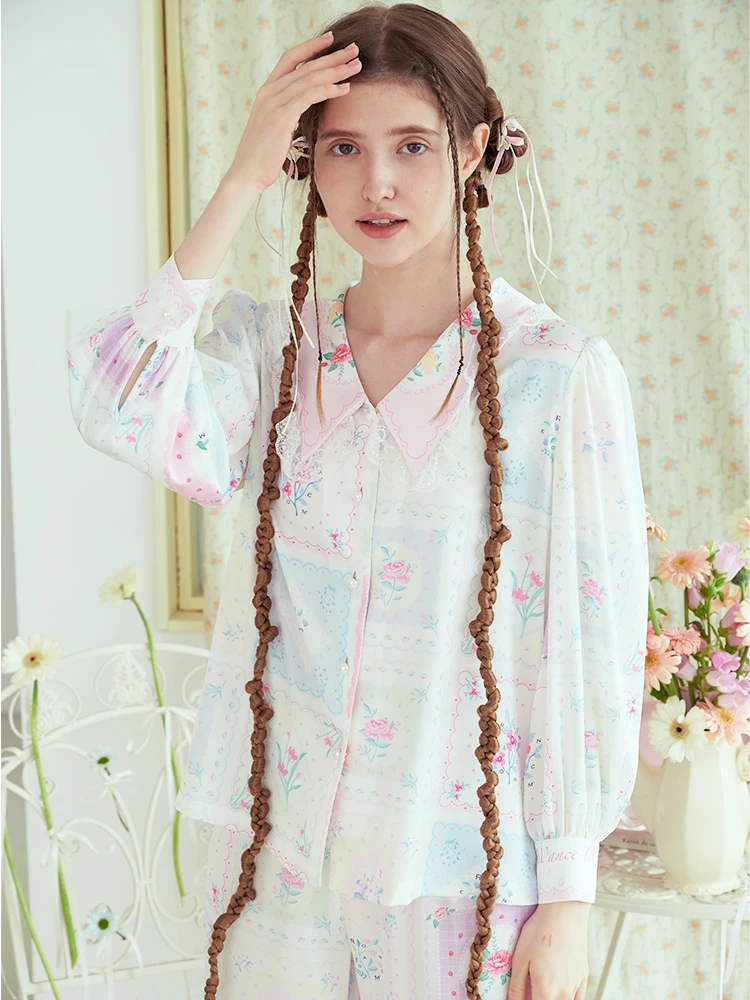 RooMance Lace Splicing Ice Silk Sleepwear Women's Style Spring Autumn Home Clothes Two-Piece Set Sweet Cute Style Loose Fit