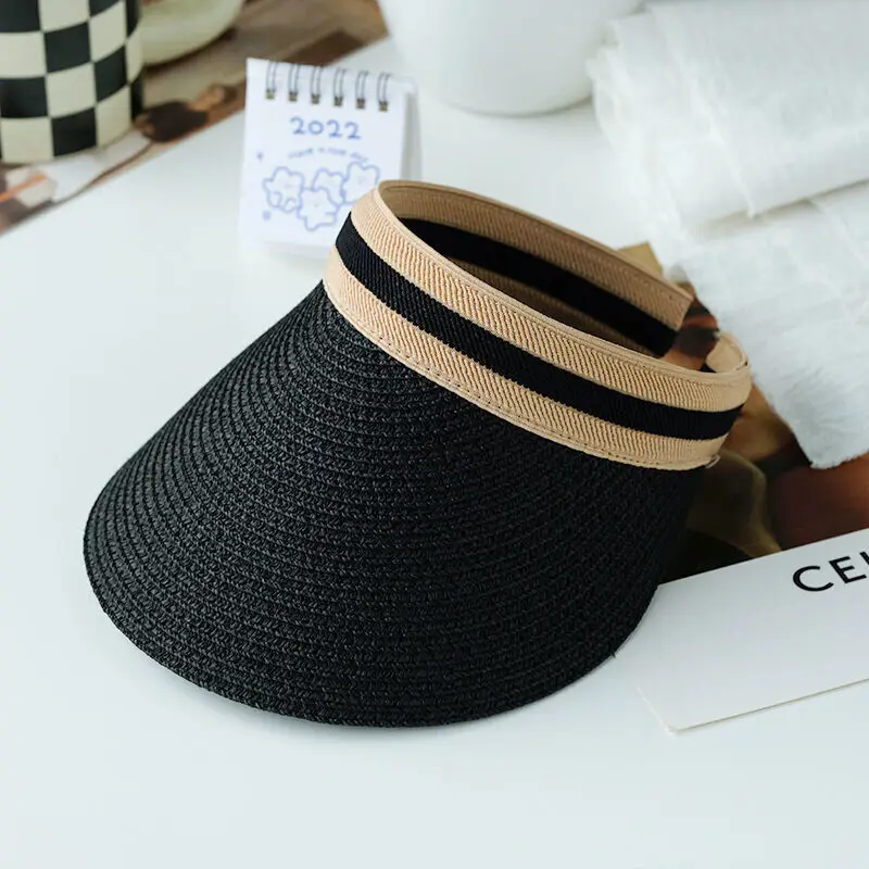 2023 Summer Hat One Size Women Sun Hats Handmade Lafite Grass Straw Visor Caps Empty Top Hat Outdoor Uv Protection Beach Cap