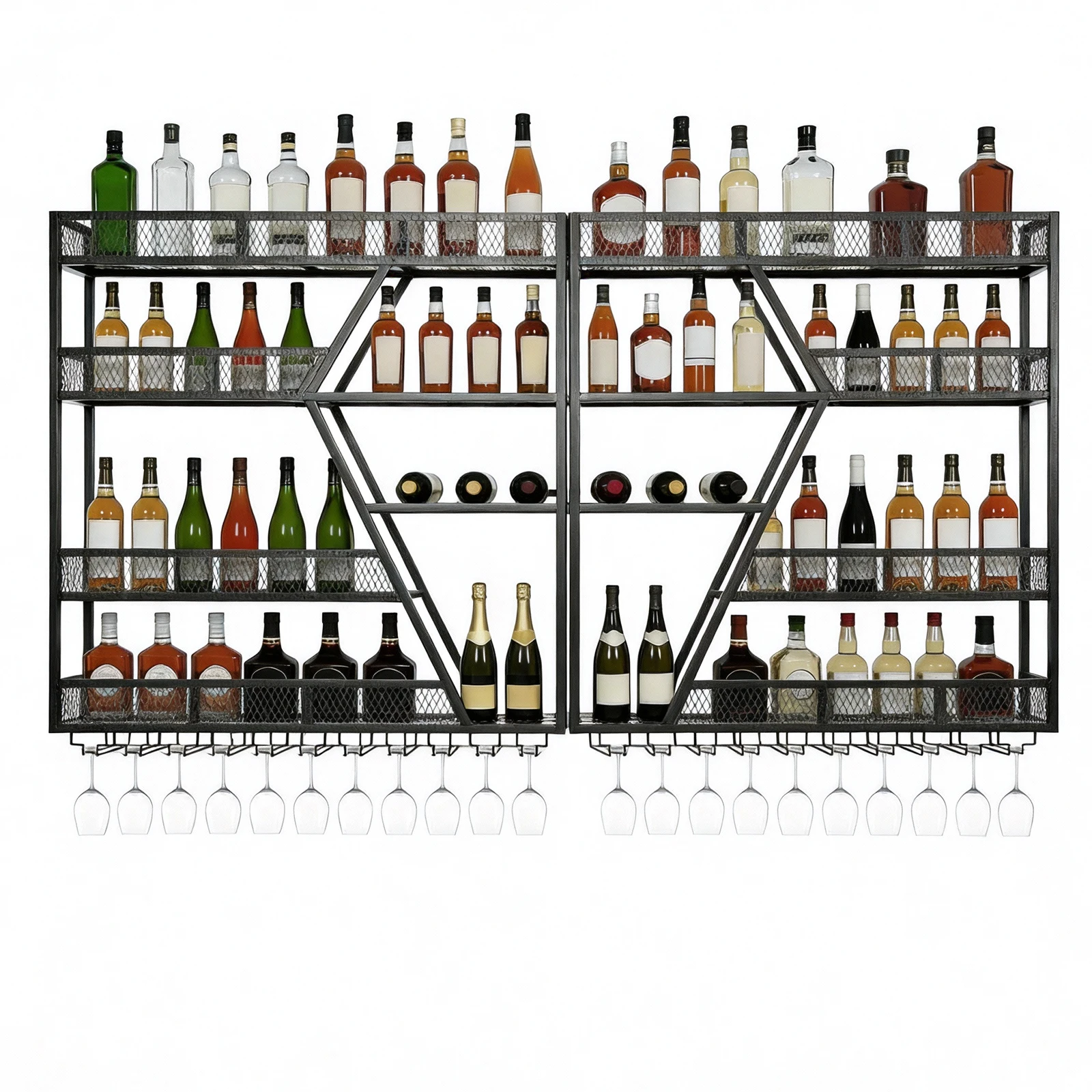 Estante de Pared para Botellas de Vino de 3/4 Niveles, Estante Metálico Colgante para Exhibición de Botellas de Vino con Soporte para Copas, para Cocina, Comedor, Decoración del Hogar