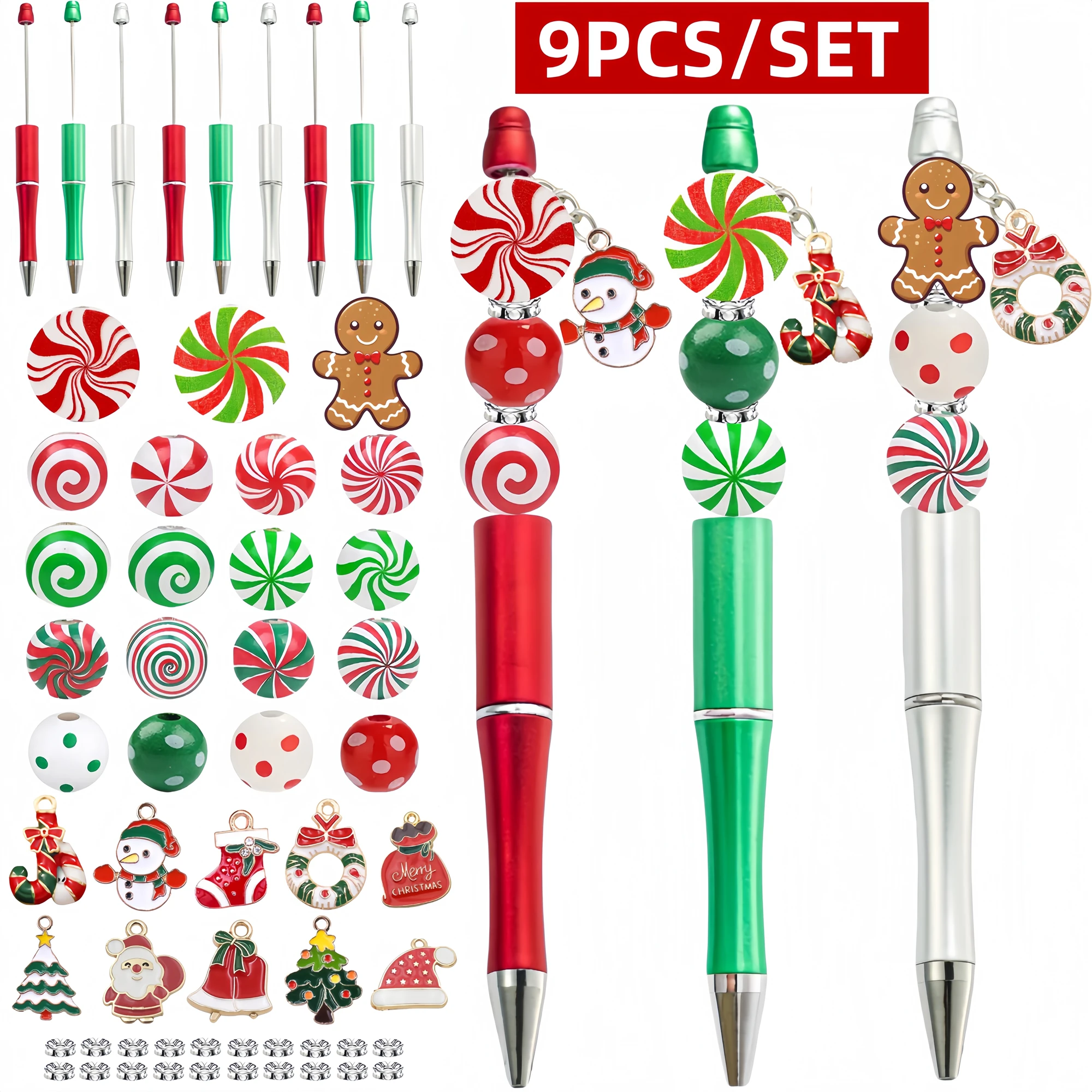 9PCS Christmas Candy and Gingerbread Man Theme DIY Beaded Ballpoint Pen,with candy and donut shaped wooden beads&alloy pendant