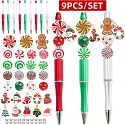 9PCS  Christmas Candy and Gingerbread Man Theme DIY Beaded Ballpoint Pen，with candy and donut shaped wooden beads&alloy pendant