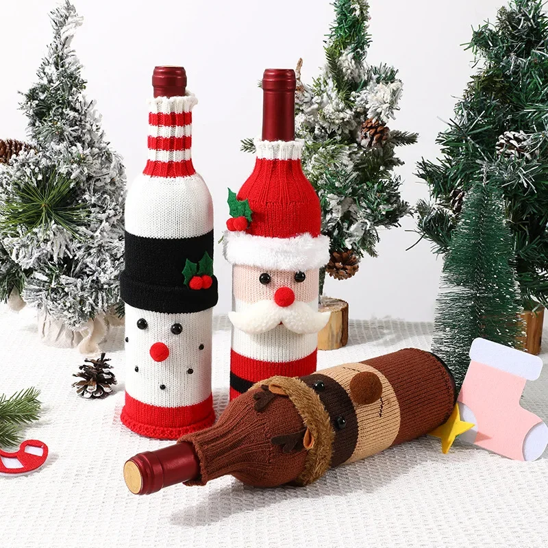 Christmas Santa Knitted Wine Bottle Case Elk Snowman Red Wine Champagne Bottle Cloth 2026 Merry Christmas Decor Happy New Year
