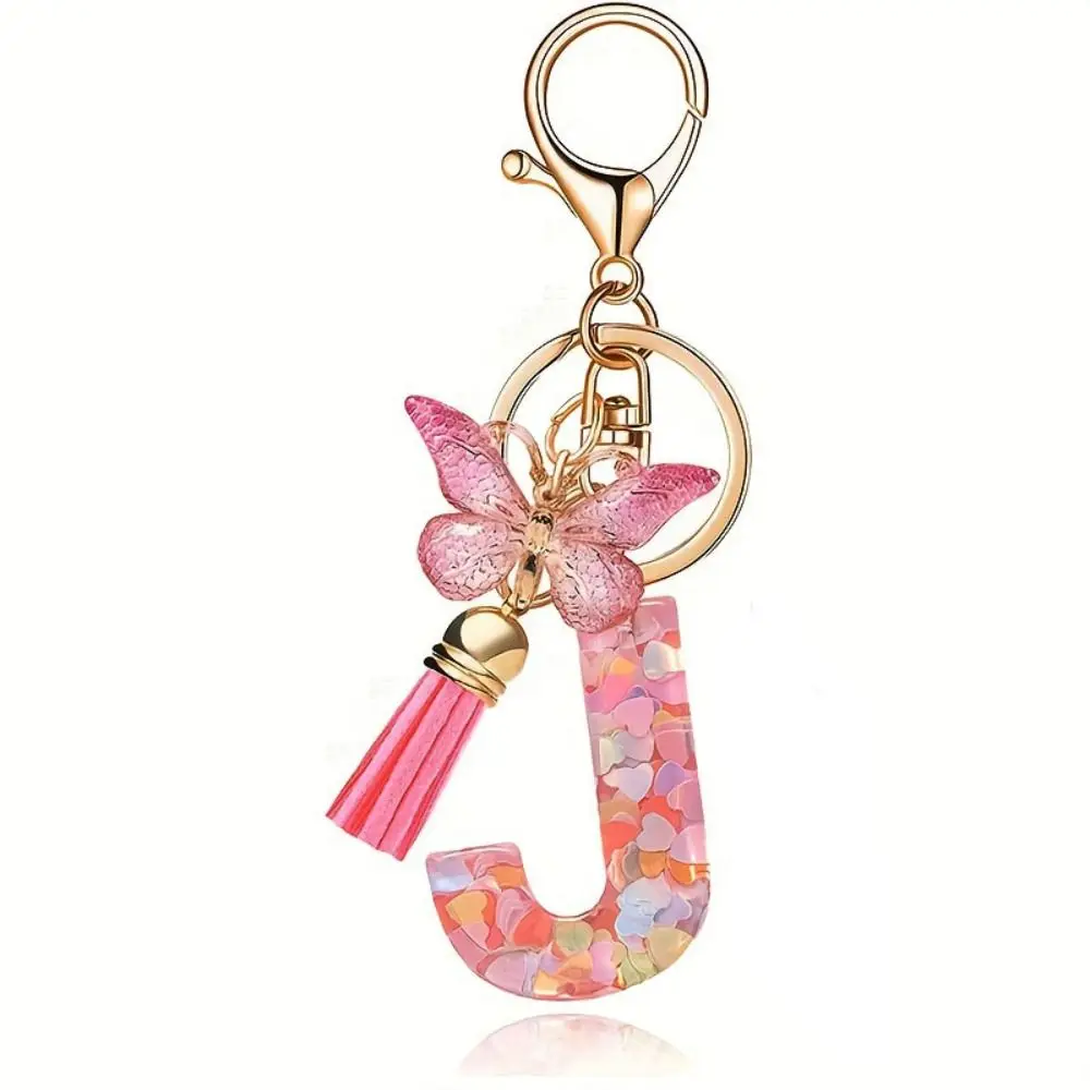 Personality Dreamy 26 Letter Keychain Sequin A-Z Butterfly Initial Keyring Exquisite Pink Alphabet Key Chain Handbag DecorWomen