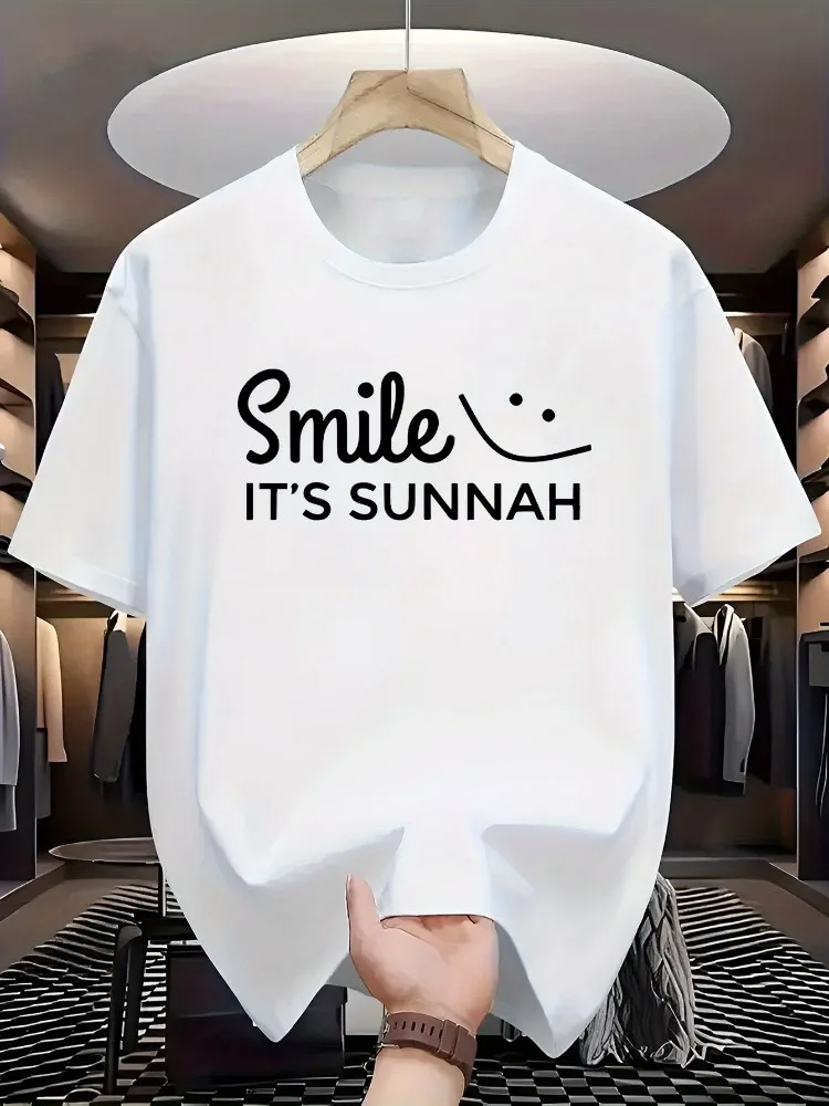 Mens Soft Cotton Crew Tee Smile Its Sunnah Simple Smile Face Letter Print Islamic Faith Casual Male Daily Short Sleeve Top