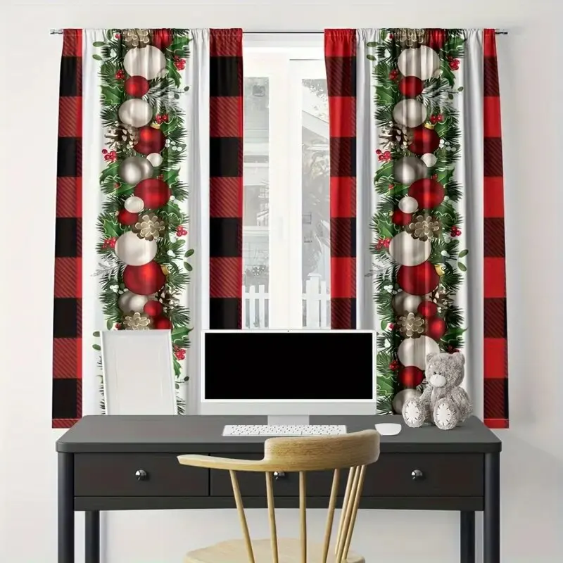 2 pieces - Christmas balls, pine leaves, pinecones, printed curtains, window decorations, home decorations, room decorations