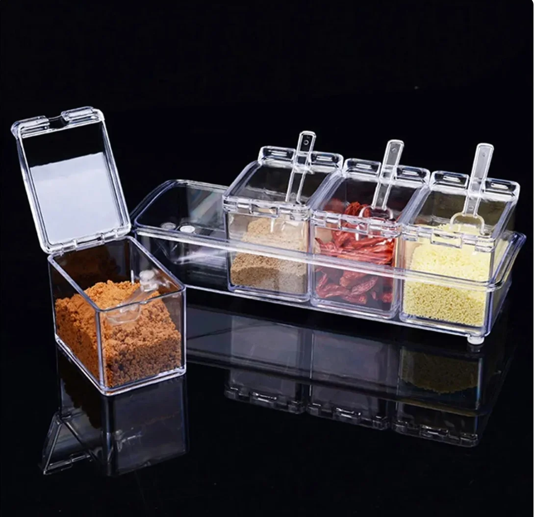 Box, Set Of 4 Crystal Storage Container With Spoon Clear Seasoning Rack Pots For Pepper Spice