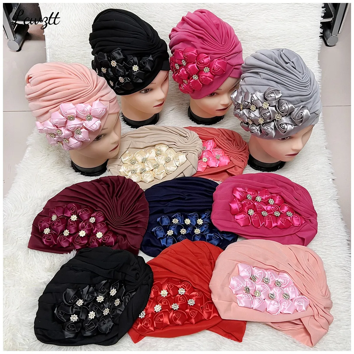 Wholesale 6/12 Piece Best Selling Flannel Hat Women\'s Cap Forehead Cross Muslim Base Scarf Indian National Style Pearl Headdress