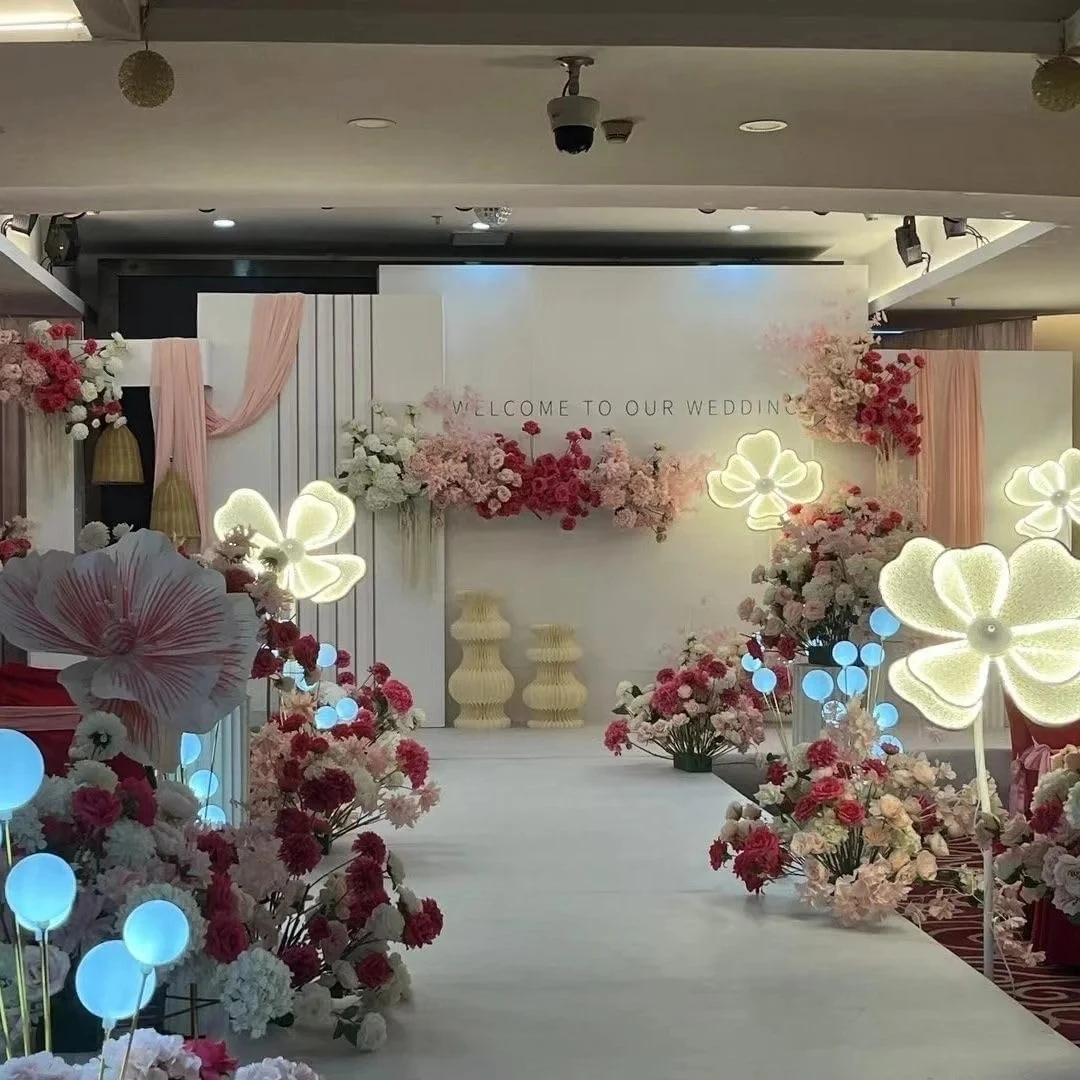 زهور الفاوانيا المضيئة المزخرفة بإضاءة LED، دليل طريق الزفاف، زخرفة حريرية بيضاء، لتزيين المنزل في حفلات الزفاف وأعياد الميلاد #4