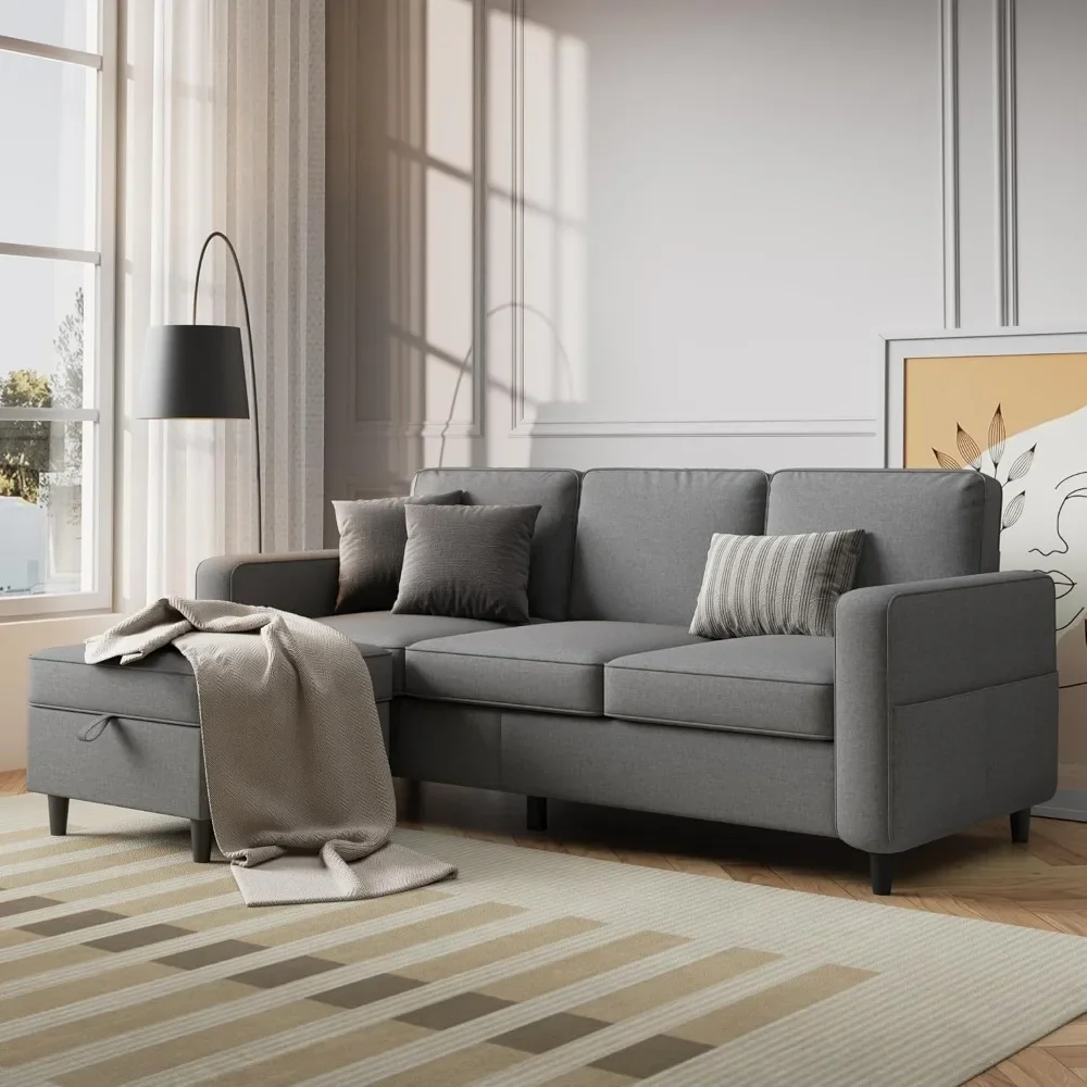 

78" L-Shaped Sectional Sofa with Storage Ottoman - Light Grey 3-Seater Convertible Couch, Modern Linen Fabric for Living Room